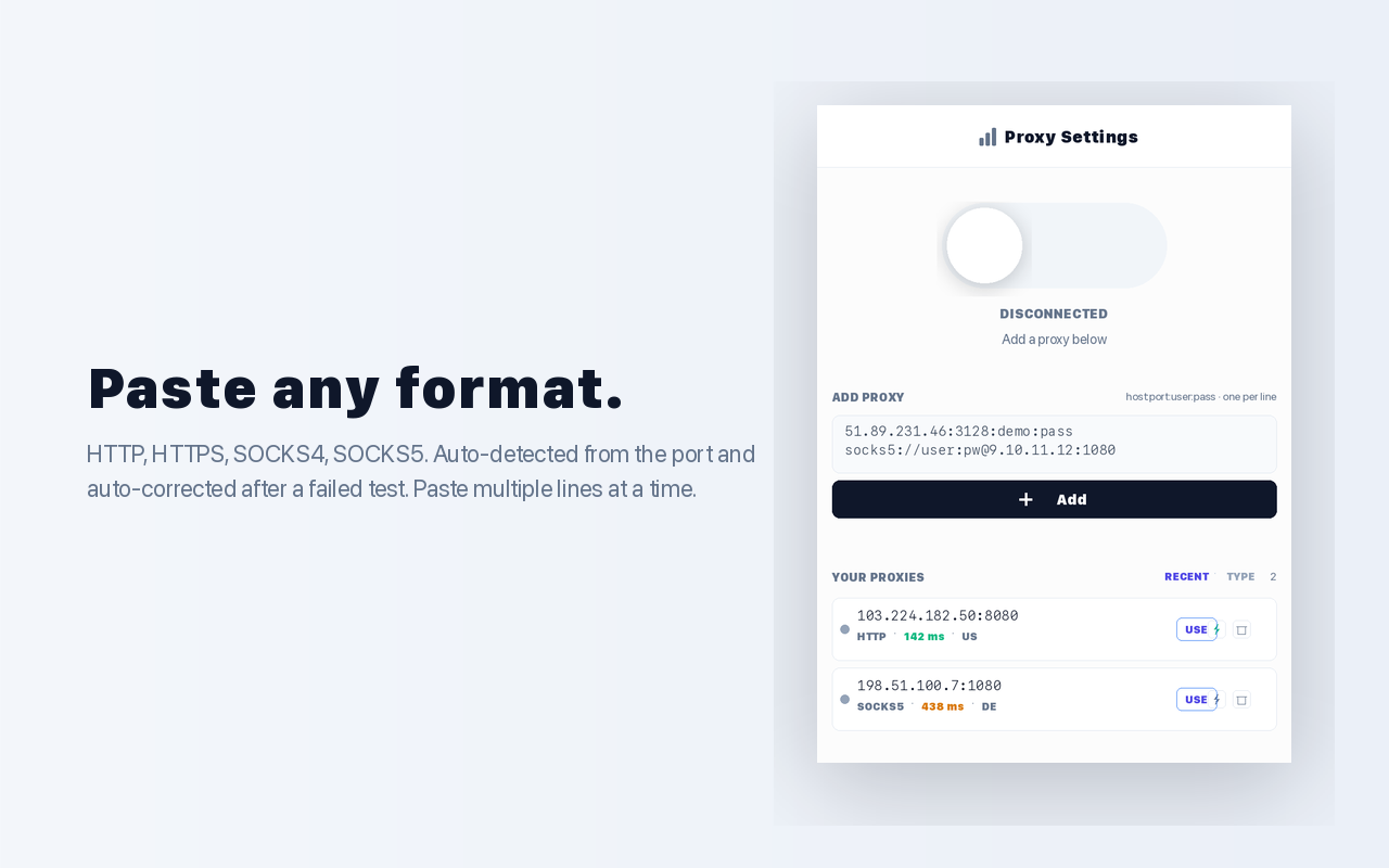 Paste-import textarea filled with multiple proxy lines in different formats.